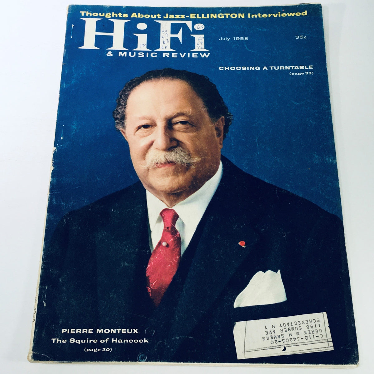 VTG HiFi & Music Review Magazine July 1958 featuring Pierre Monteux on the cover with a distinguished appearance and a red tie, celebrating classical music and audio technology advancements.