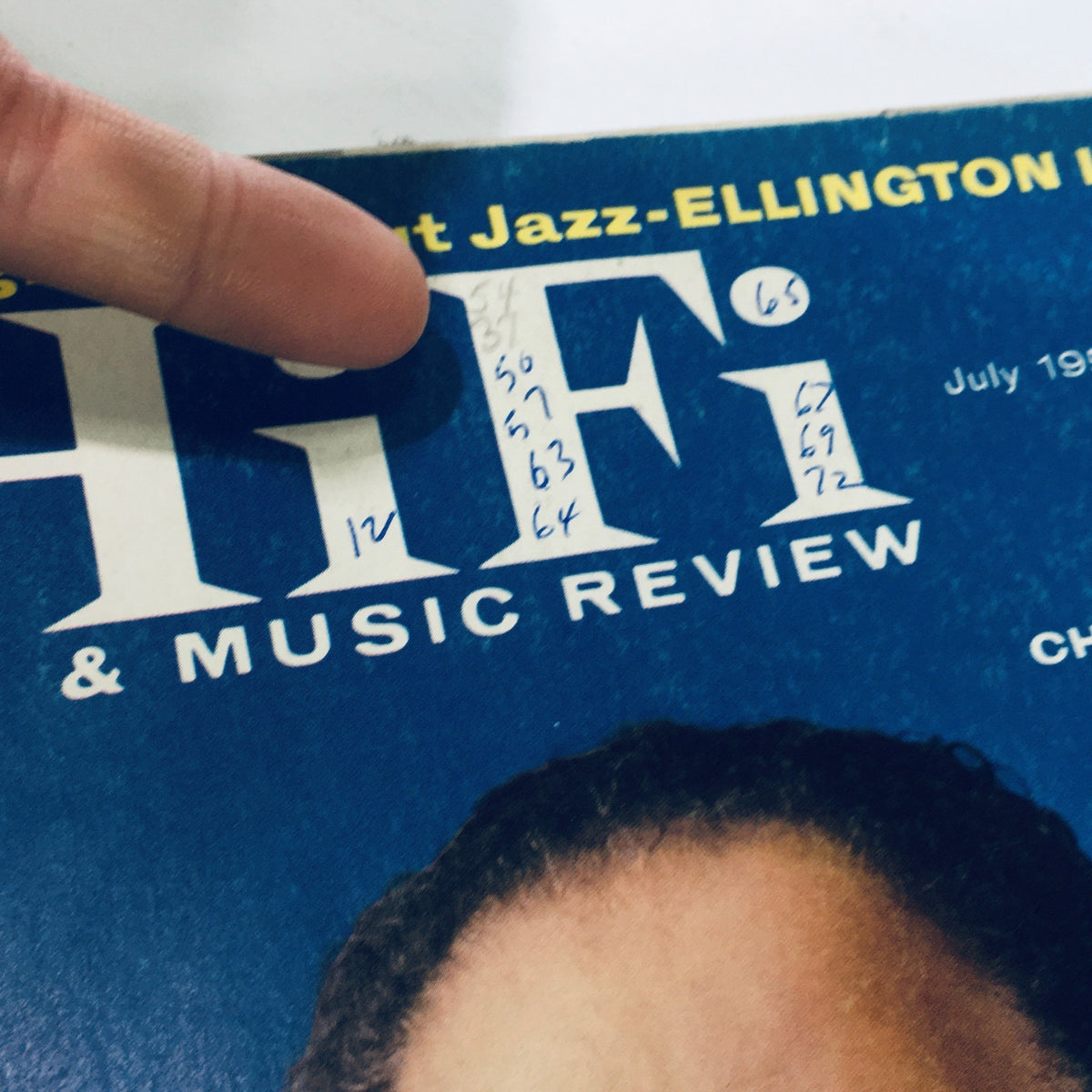Close-up of the cover of the VTG HiFi & Music Review Magazine July 1958 showing handwritten notes and the magazine title, highlighting the focus on jazz and music trends of the era.