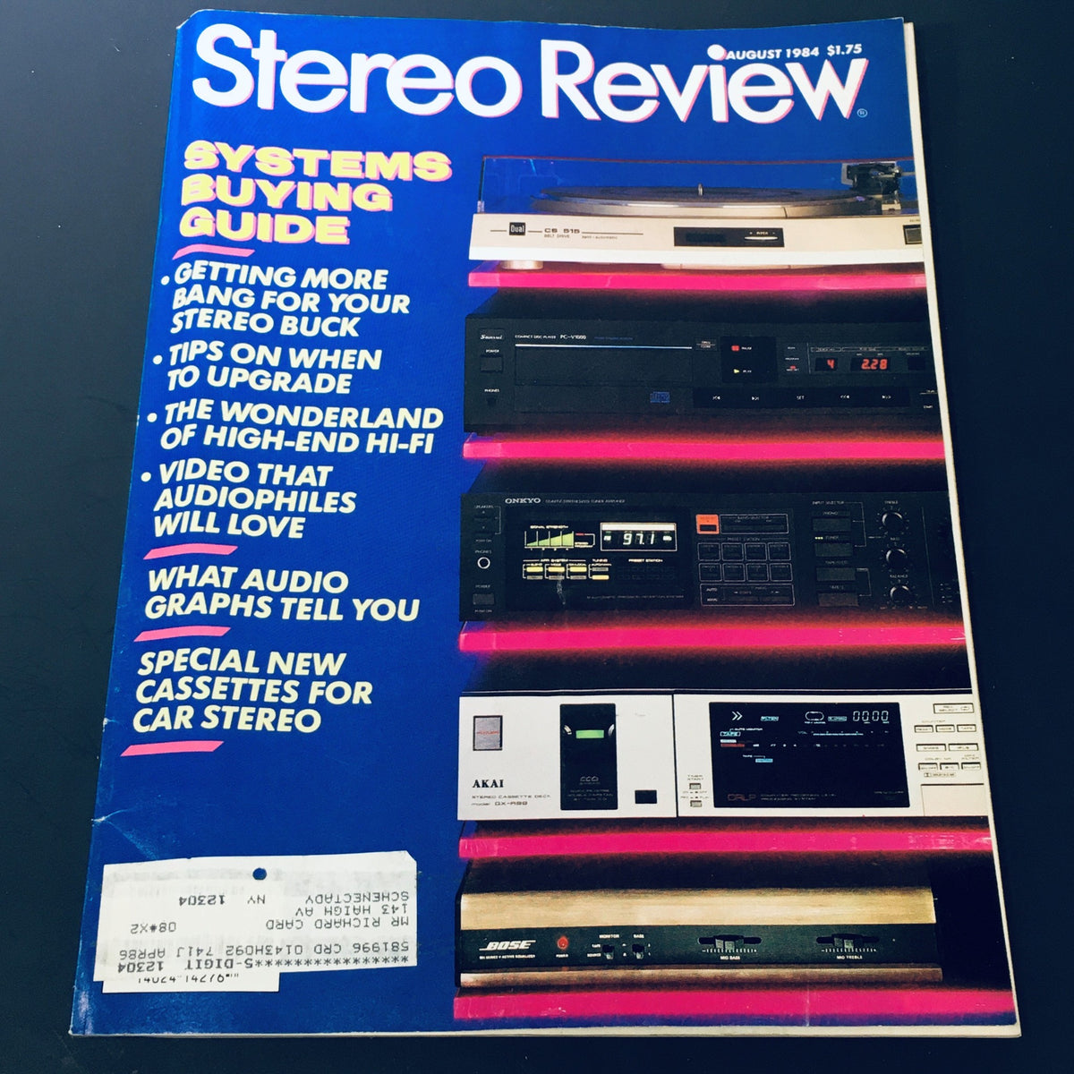 Vintage Stereo Review Magazine cover from August 1984, featuring the Systems Buying Guide, showcasing various audio equipment and car stereo insights. A must-have collectible for audio enthusiasts.