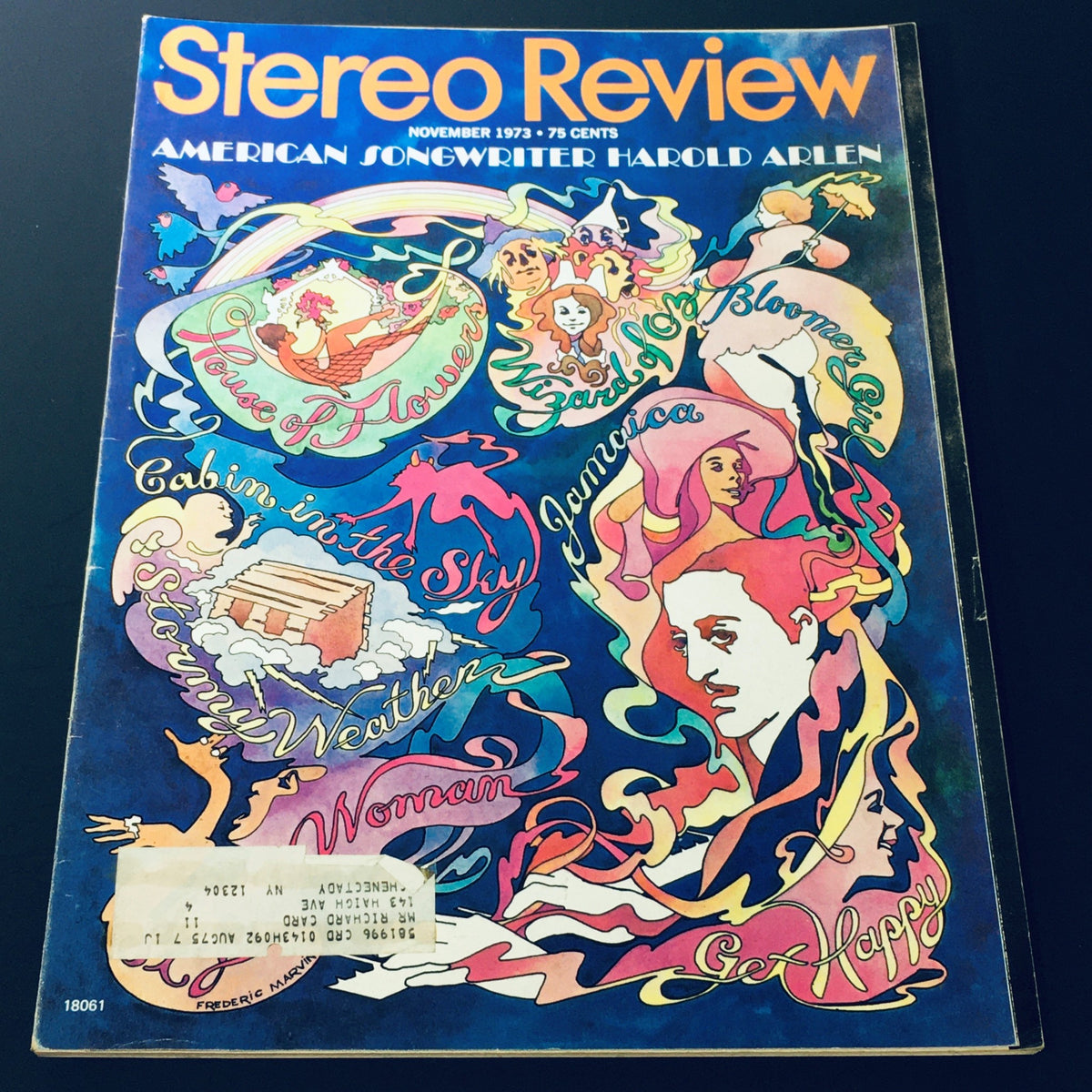 Cover of VTG Stereo Review Magazine from November 1973 featuring American Songwriter Harold Arlen, with vibrant illustrations and notable song titles, showcasing retro design elements and a nostalgic glimpse into the music culture of the 1970s.