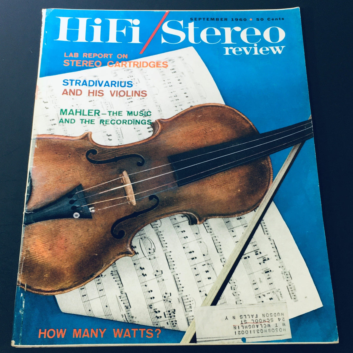 Cover of VTG HiFi Stereo Review Magazine from September 1960 featuring Stradivarius violins and Mahler's music. The design includes images of a violin, musical notes, and text about stereo cartridges.