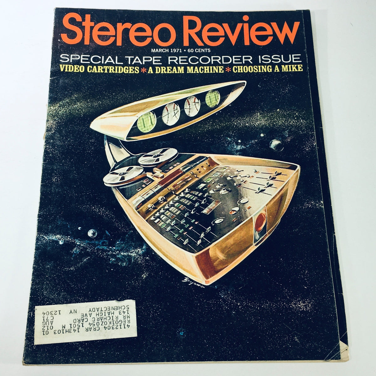 Vintage 'Stereo Review Magazine March 1971' cover showcasing a futuristic design featuring video cartridges and a dream machine.