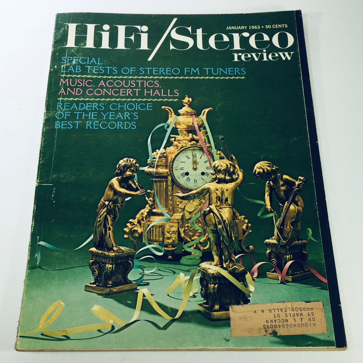 Cover of VTG HiFi Stereo Review Magazine January 1963 featuring lab tests of stereo FM tuners, with statues and decorative elements, ideal for vintage audio enthusiasts.