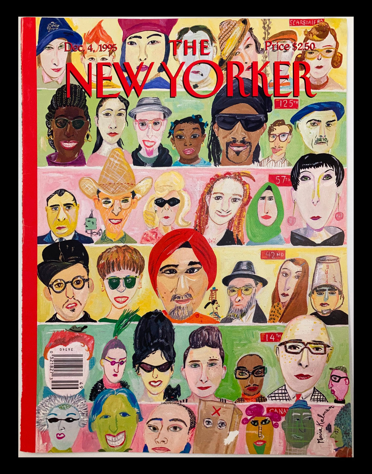 COVER ONLY The New Yorker December 4 1995 Crosstown Traffic by Maira Kalman depicting a colorful array of illustrated faces with diverse expressions and styles.