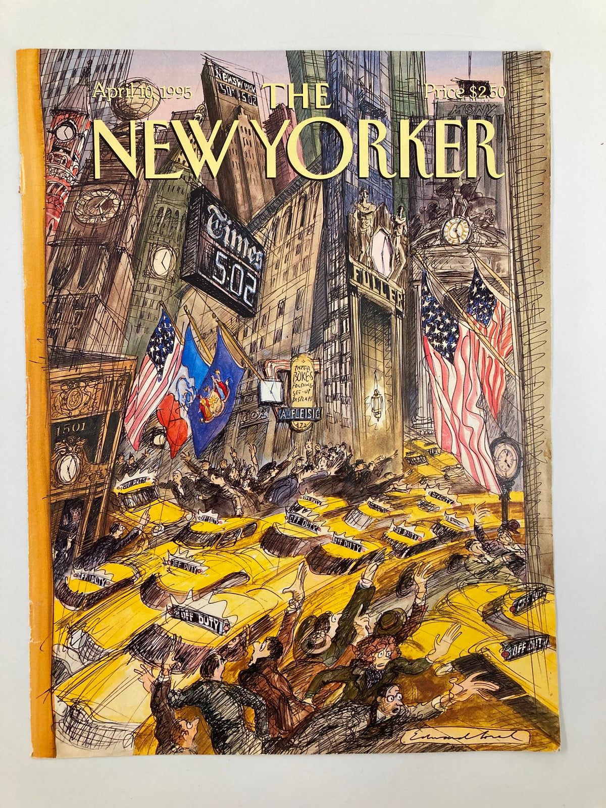 Cover of The New Yorker from April 10, 1995 showcasing Edward Sorel's illustration, illustrating a busy New York scene with yellow cabs and urban energy.