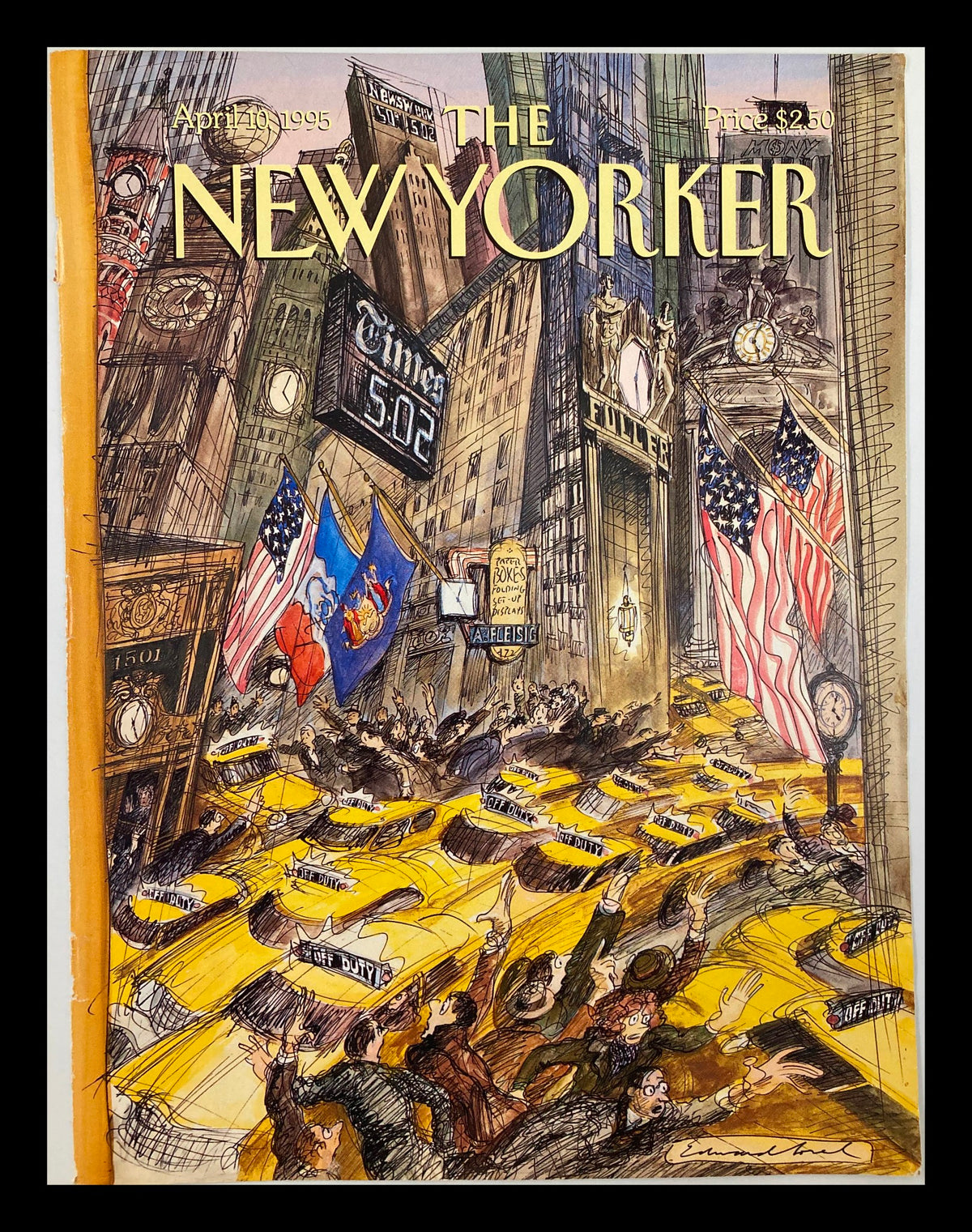 Cover of The New Yorker dated April 10, 1995 featuring a vibrant illustration by Edward Sorel, depicting bustling New York City with iconic yellow taxis and American flags.
