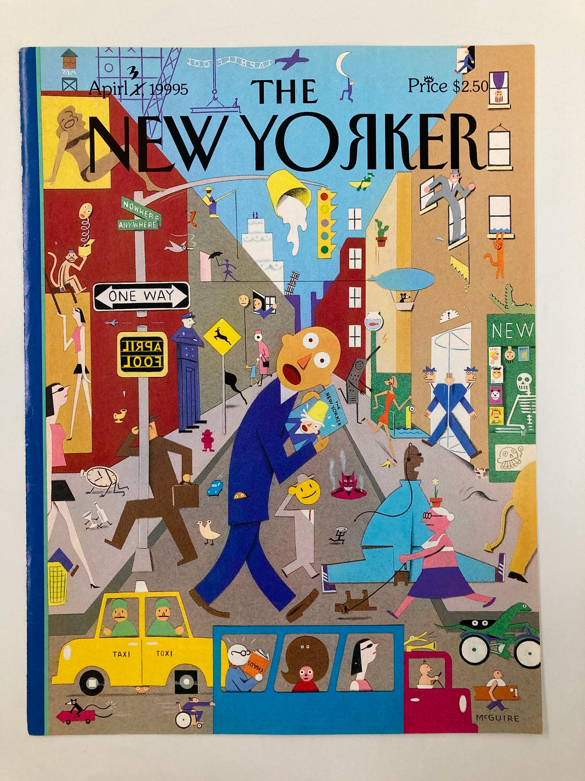 Cover of The New Yorker, April 1, 1995, titled 'April Fools' by Richard McGuire, showcasing a vibrant illustration of city life with notable characters and playful elements.