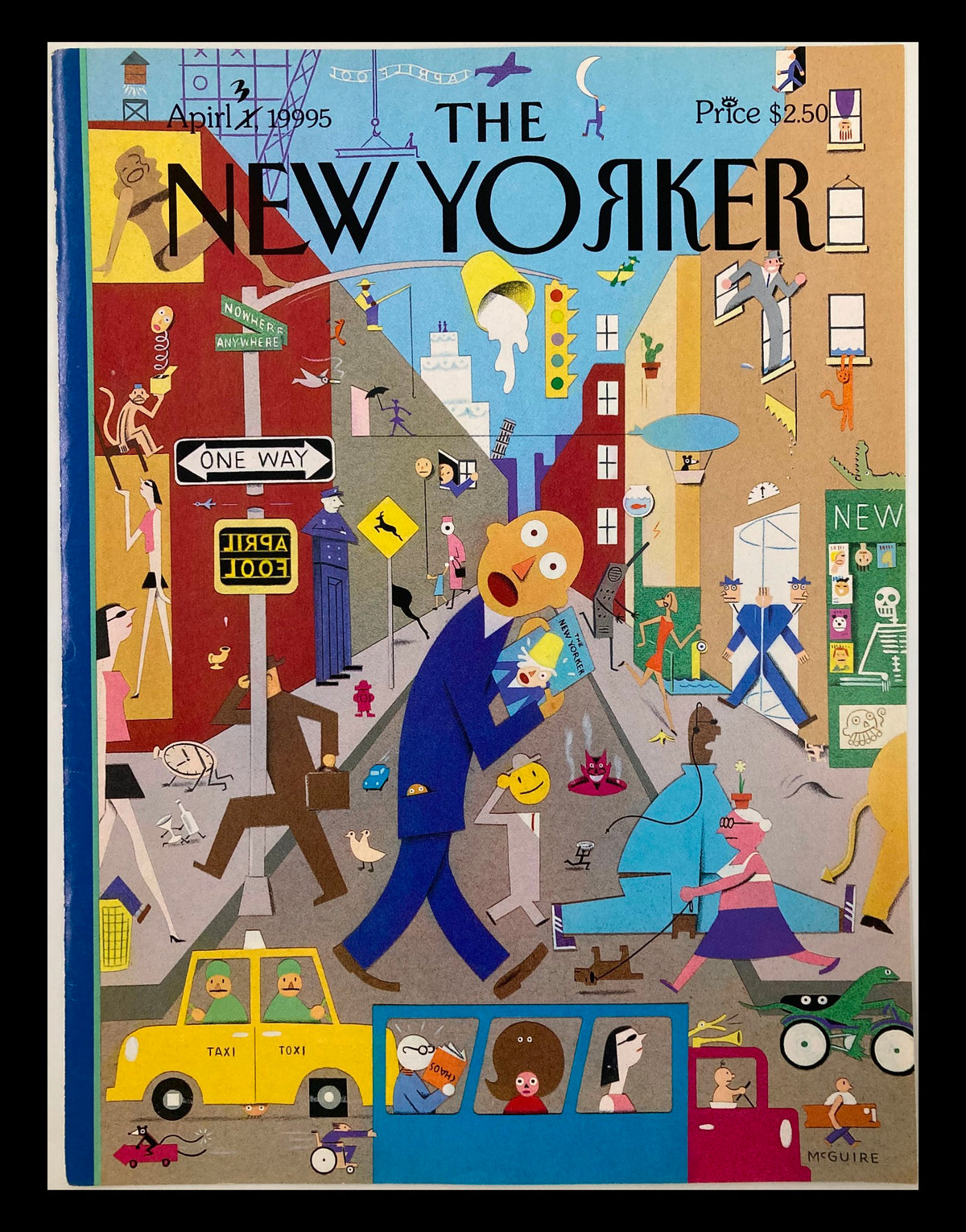Cover of The New Yorker, April 1, 1995, titled 'April Fools' by Richard McGuire, featuring a colorful and whimsical street scene with various characters and details.