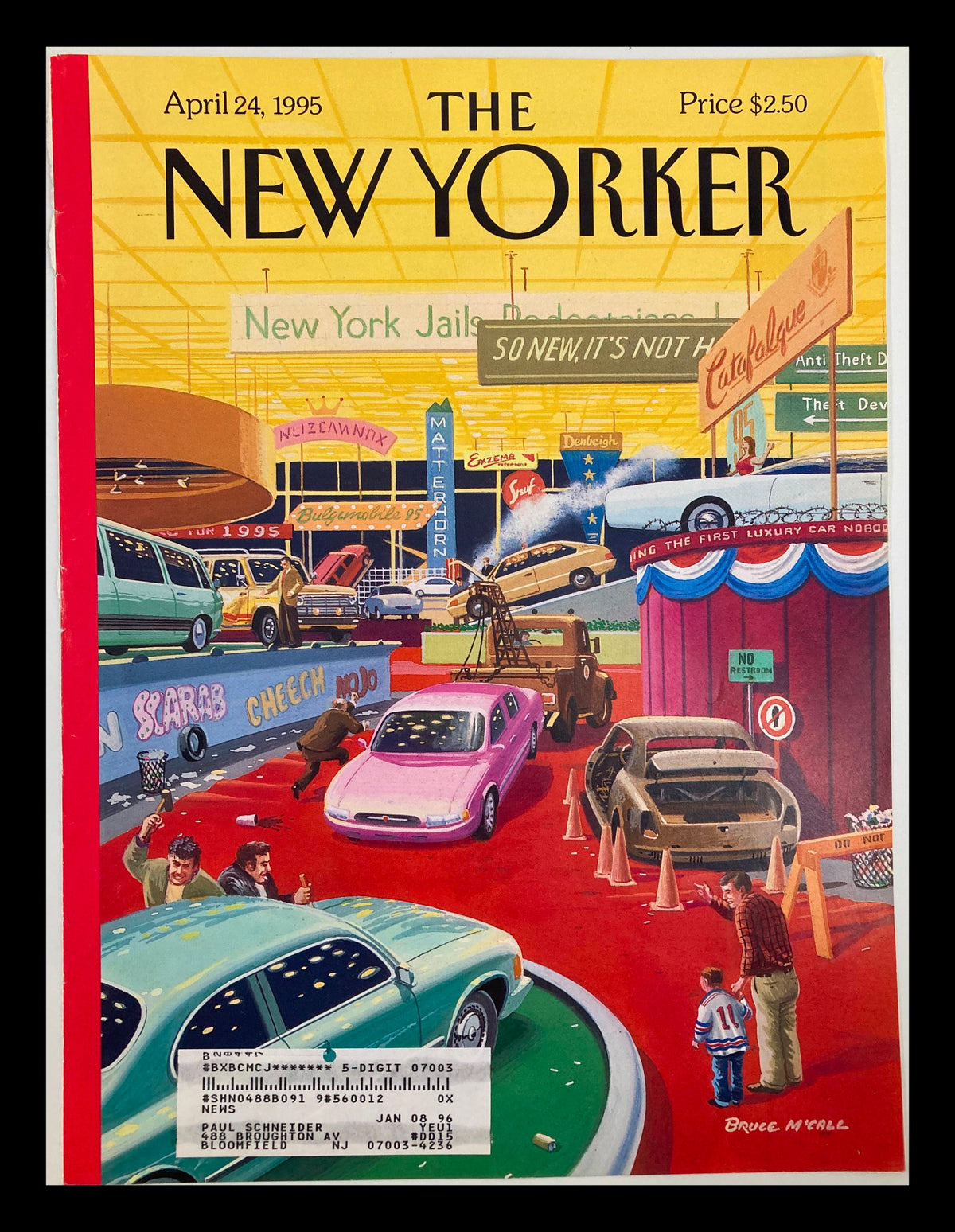 Cover of The New Yorker dated April 24, 1995, featuring the artwork 'The Auto Show' by Bruce McCall, showcasing a vibrant automobile exhibition scene with various cars and crowds.