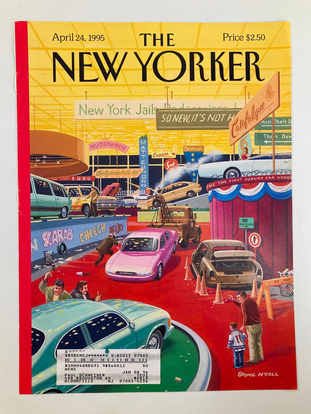 Cover of The New Yorker dated April 24, 1995, displaying the artwork 'The Auto Show' by Bruce McCall, depicting a lively auto show environment with colorful cars and amused onlookers.