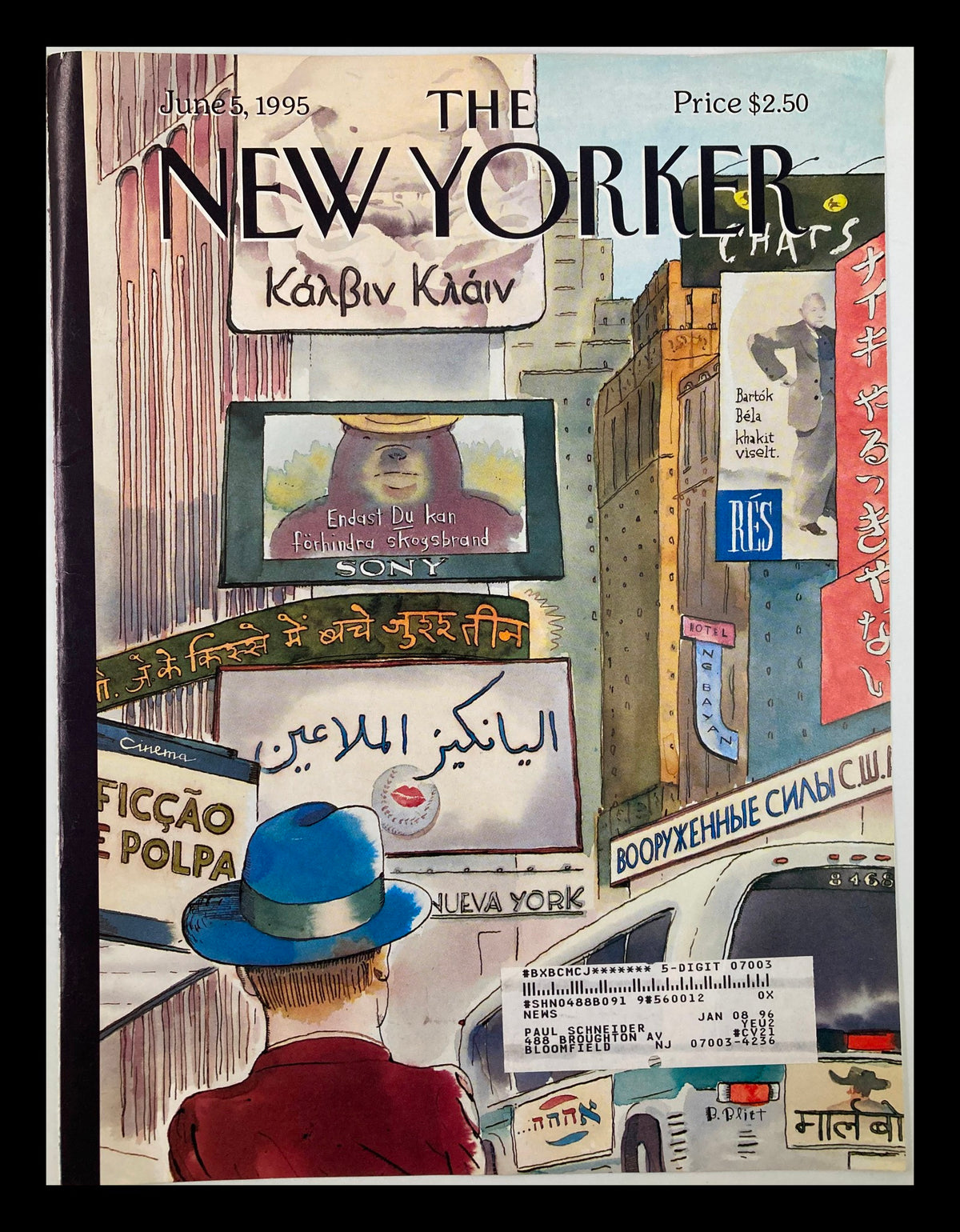 COVER ONLY The New Yorker June 5 1995 Something for Everyone by Barry Blitt, featuring artistic depiction of a man in a blue hat looking at various signs in New York City.