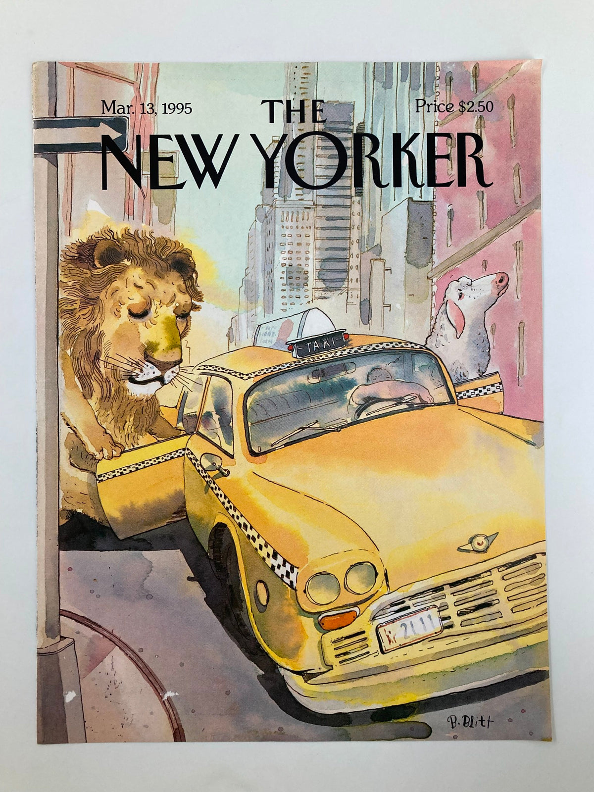 Cover only of The New Yorker March 13, 1995, showcasing the vibrant artwork 'Rides of March' by Barry Blitt, illustrating a humorous scene with a lion and a polar bear in a taxi on a city street.