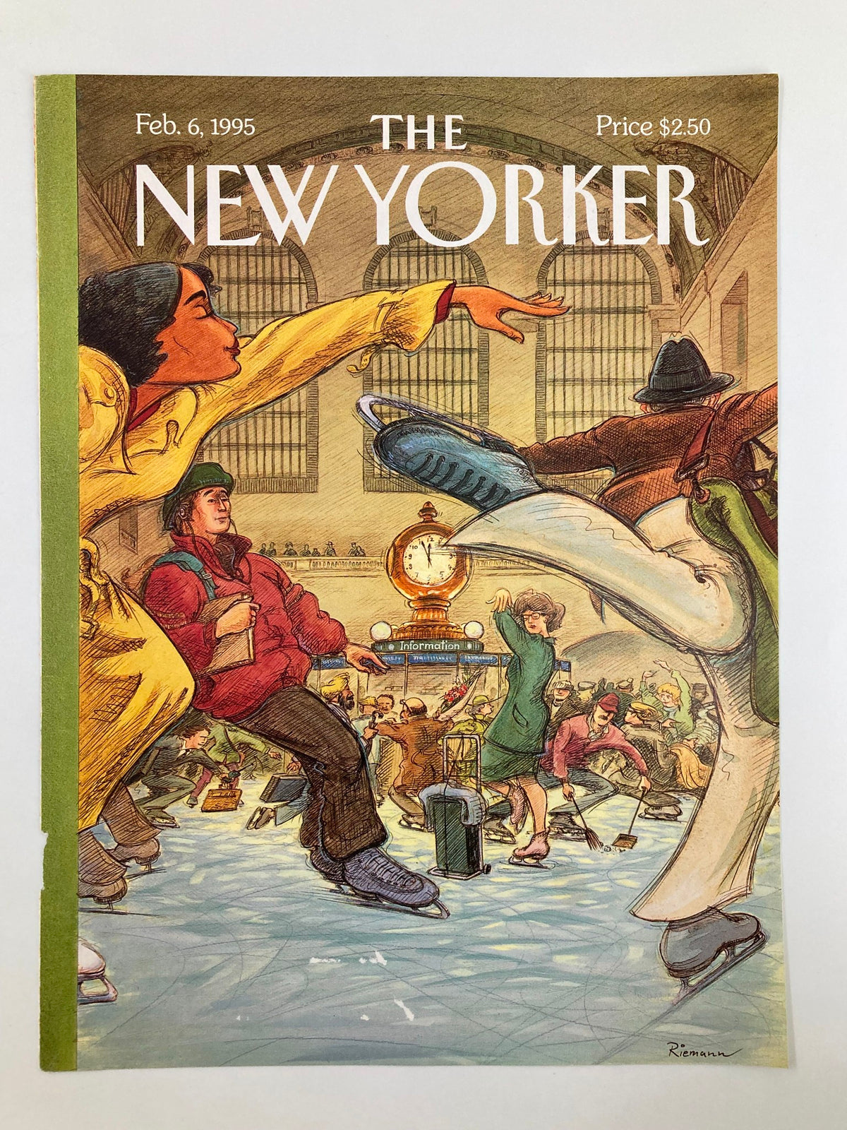 Cover of The New Yorker dated February 6, 1995, featuring the vibrant artwork titled 'Grand Central Rink' by George Riemann, depicting a lively winter scene at Grand Central Terminal.