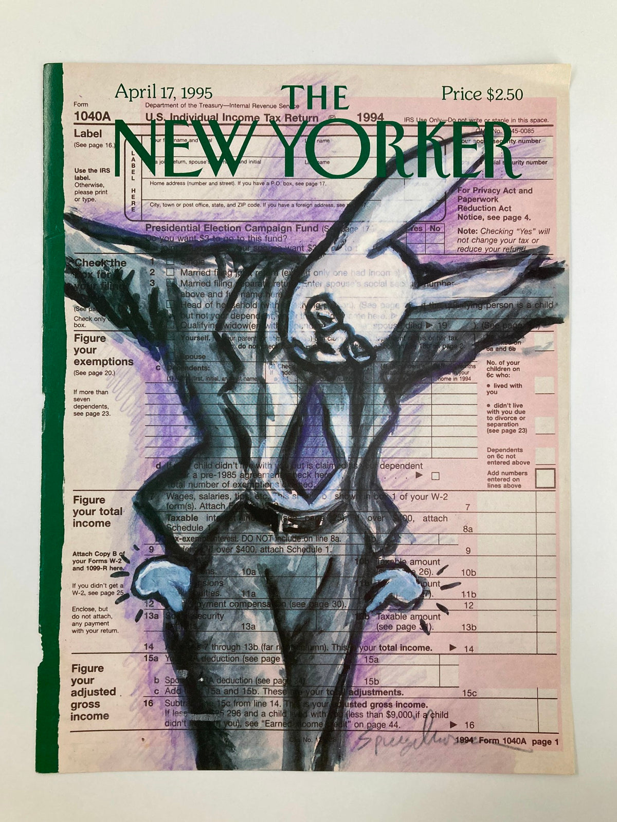 The New Yorker April 17 1995 cover featuring the illustration 'Theology of the Tax Cut' by A. Spiegelman, showcasing a unique artistic representation against a tax form background.