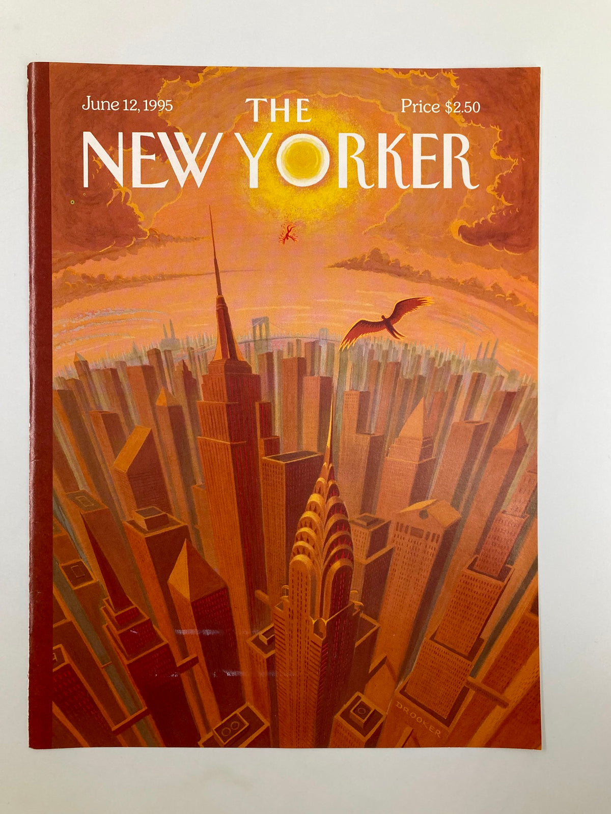 Cover of The New Yorker dated June 12, 1995, featuring a vibrant illustration of New York City skyline with the Chrysler Building in focus, designed by Eric Drooker. The cover highlights summer in New York with warm color tones and dynamic details.
