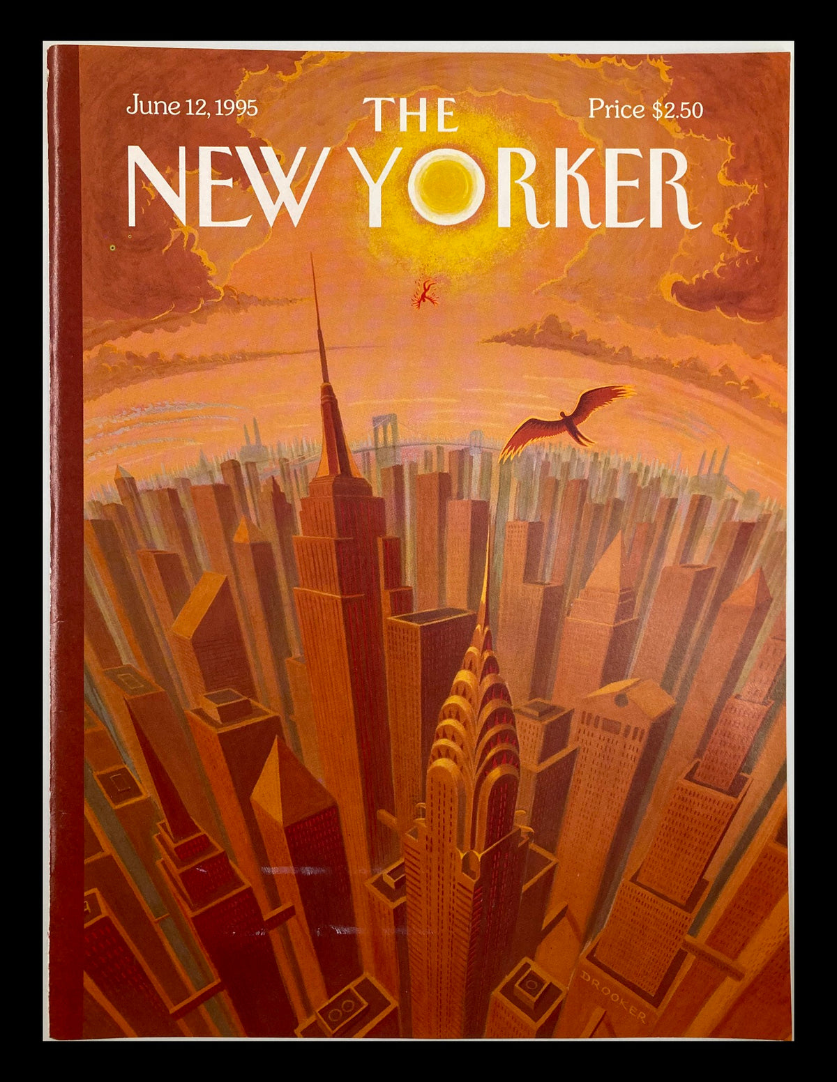 Cover of The New Yorker magazine dated June 12, 1995, featuring artwork by Eric Drooker depicting a dramatic skyline of New York City with a sunset backdrop, highlighting iconic buildings like the Chrysler Building.