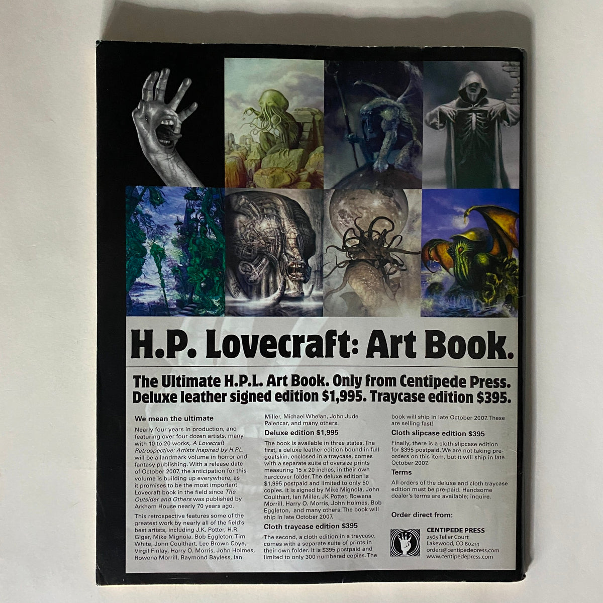 Back cover of the Cemetery Dance Magazine Issue 58 highlighting H.P. Lovecraft art book promotions, emphasizing collectibles related to horror literature.