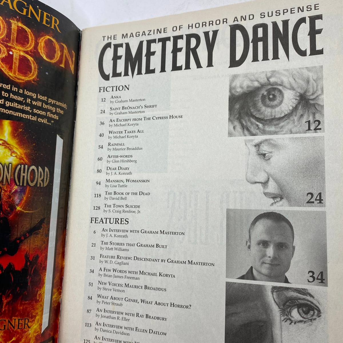 Interior page from Cemetery Dance Magazine 2011 #65 showcasing the table of contents, including fiction by Graham Masterton and articles discussing horror themes.