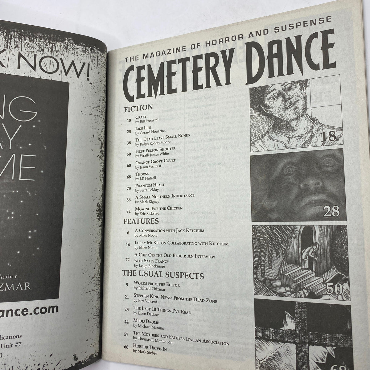 Inside page of Cemetery Dance Magazine March 2023 Issue #77 displaying the contents page, featuring titles like 'Fiction by Bill Pronzini' and other notable features in horror literature.