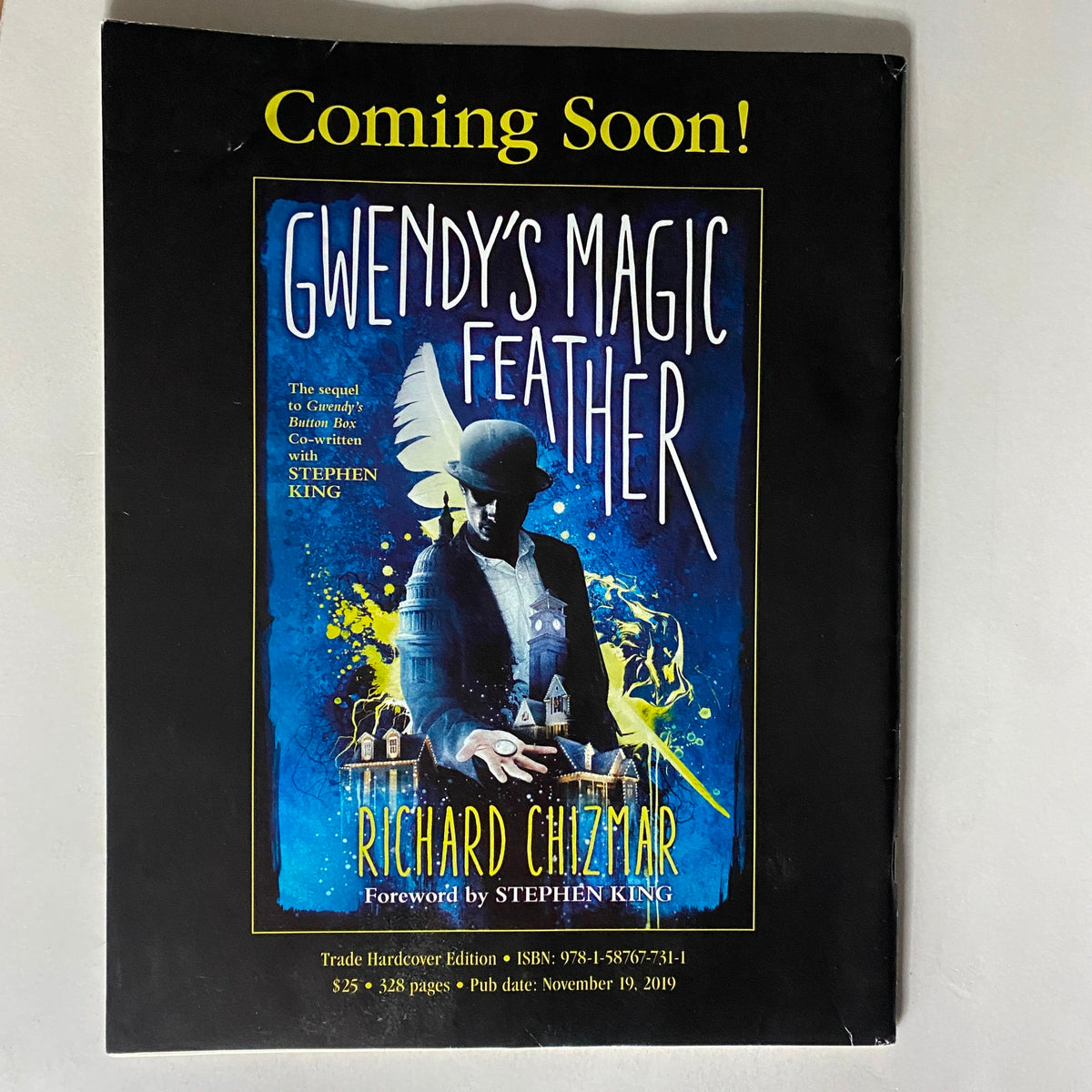Back cover of Cemetery Dance Magazine March 2023 Issue #77 promoting 'Gwendy's Magic Feather' by Richard Chizmar, with colorful artwork and bold text highlighting upcoming releases.