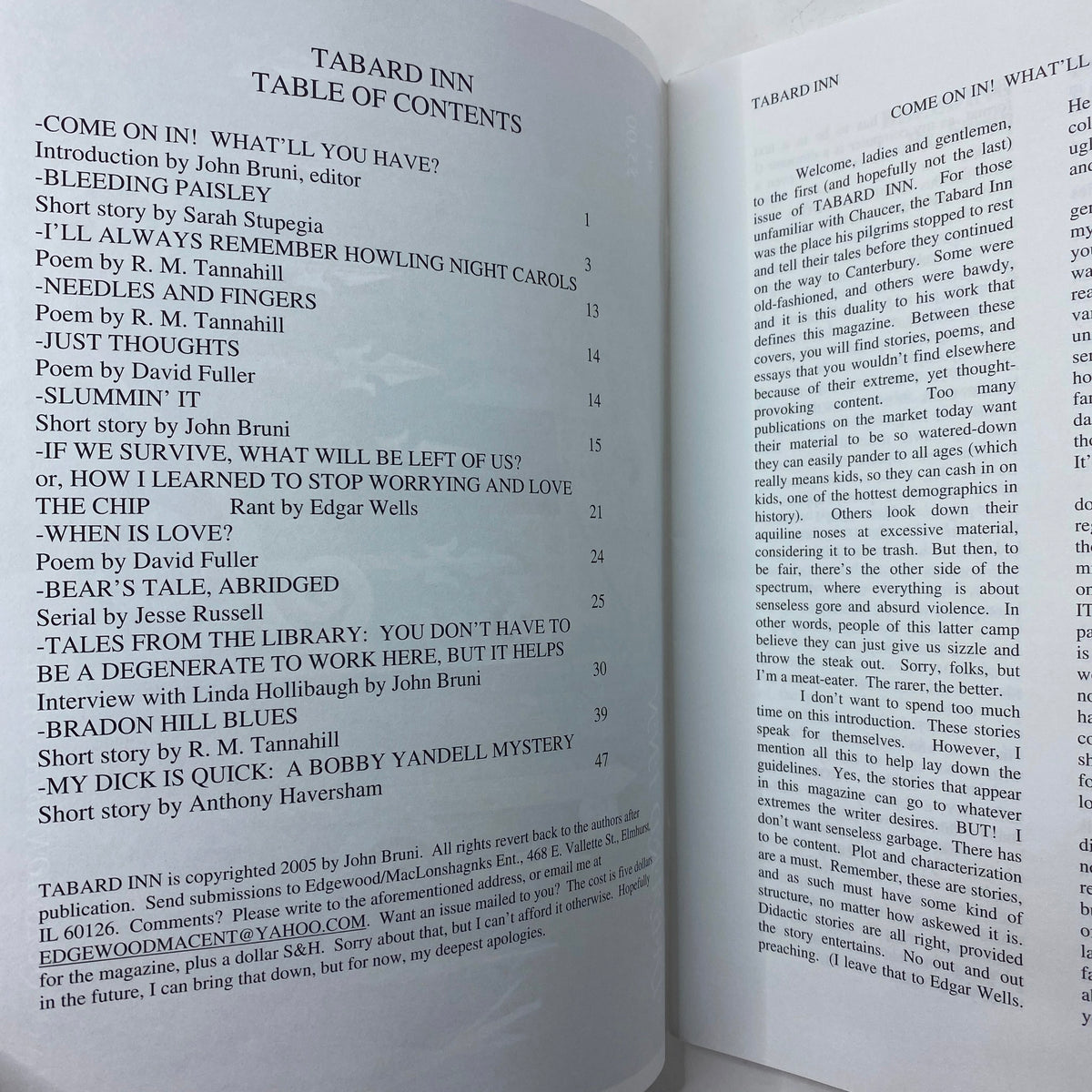 Table of Contents page from Tabard Inn Magazine 2005 #1, listing intriguing articles such as 'Bleeding Paisley' and 'My Dick Is Quick: A Bobby Yandell Mystery'.