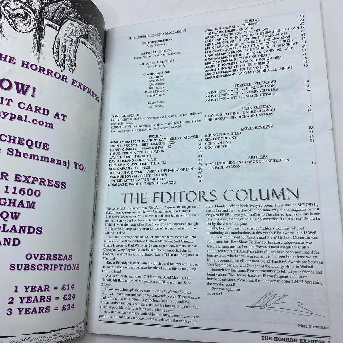 Inside page of The Horror Express Magazine Summer 2006 #5 featuring the table of contents and editor's column, showcasing authors and articles related to horror literature.