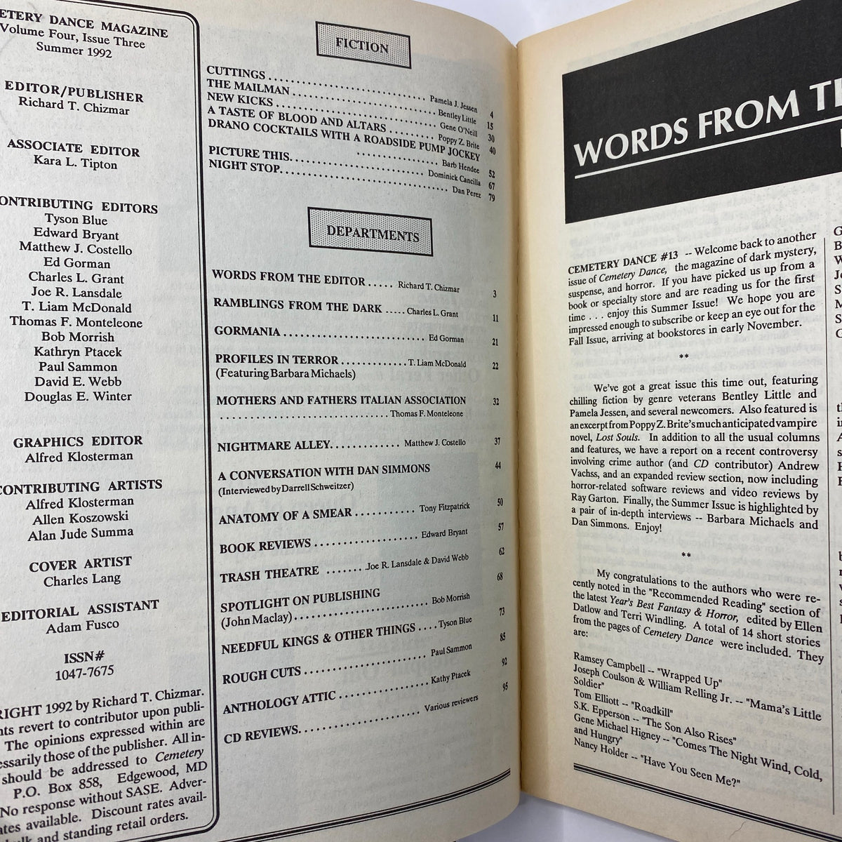Interior pages of Cemetery Dance Magazine Summer 1992 Vol 4 #3 displaying the table of contents, highlighting featured stories and contributors.