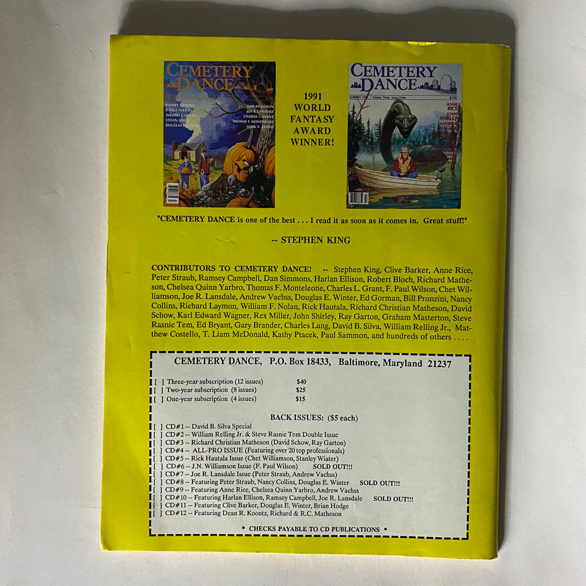 Back cover of Cemetery Dance Magazine Summer 1992 Vol 4 #3 with listings of contributors and subscription information, featuring notable authors like Stephen King.