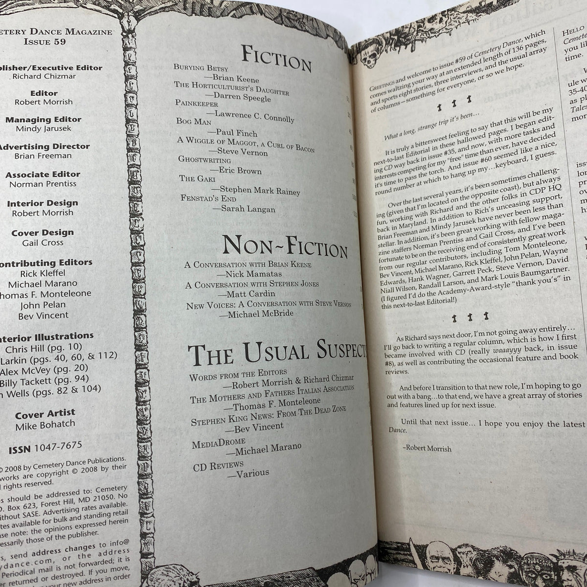 Interior layout of Cemetery Dance Magazine December 2008 #59 showcasing the index and editorial staff, emphasizing the magazine's rich horror content.