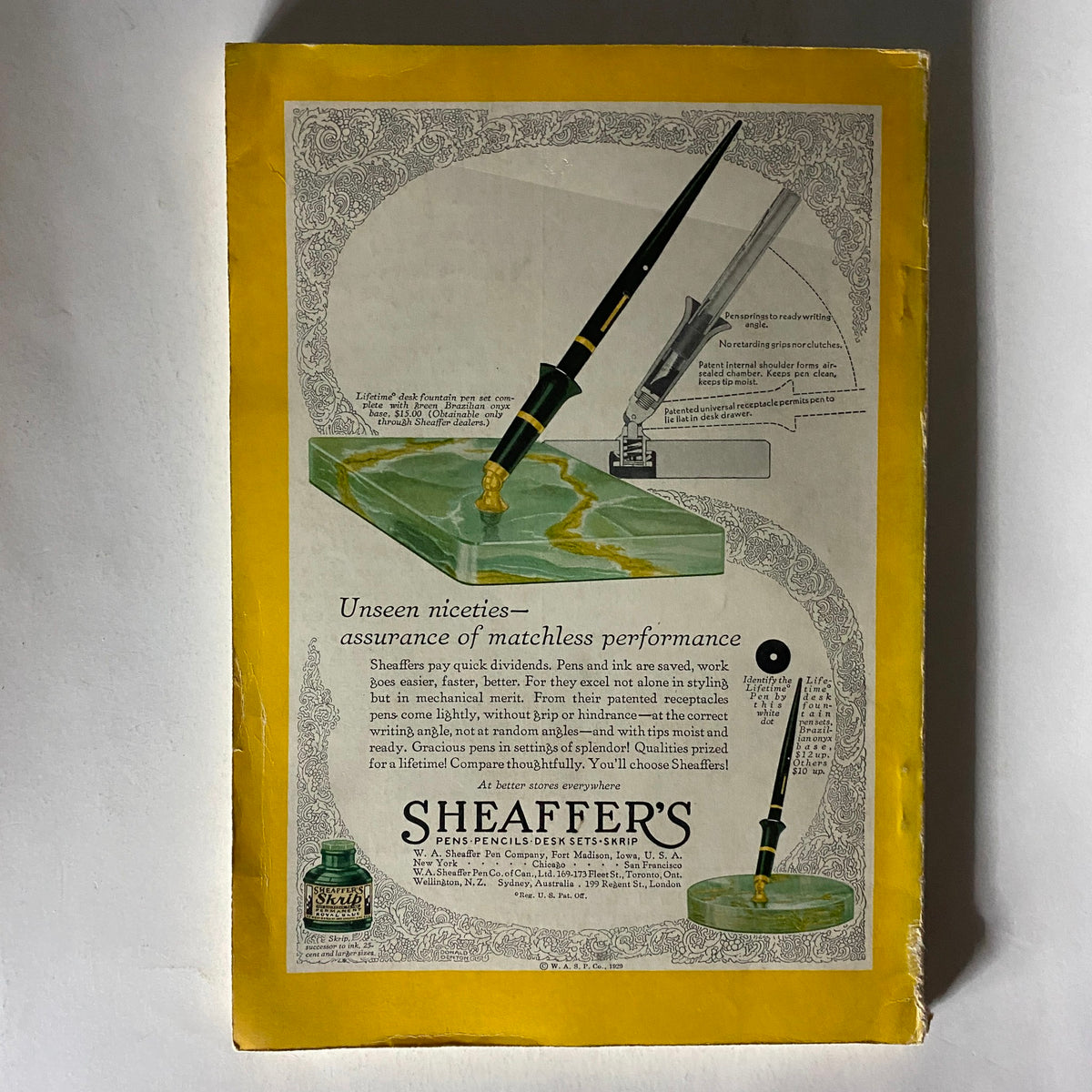 Back cover of VTG The National Geographic Magazine August 1929 featuring an advertisement for Sheaffer's pen, emphasizing quality and craftsmanship, relevant to the era of the Santa Fe Trail.