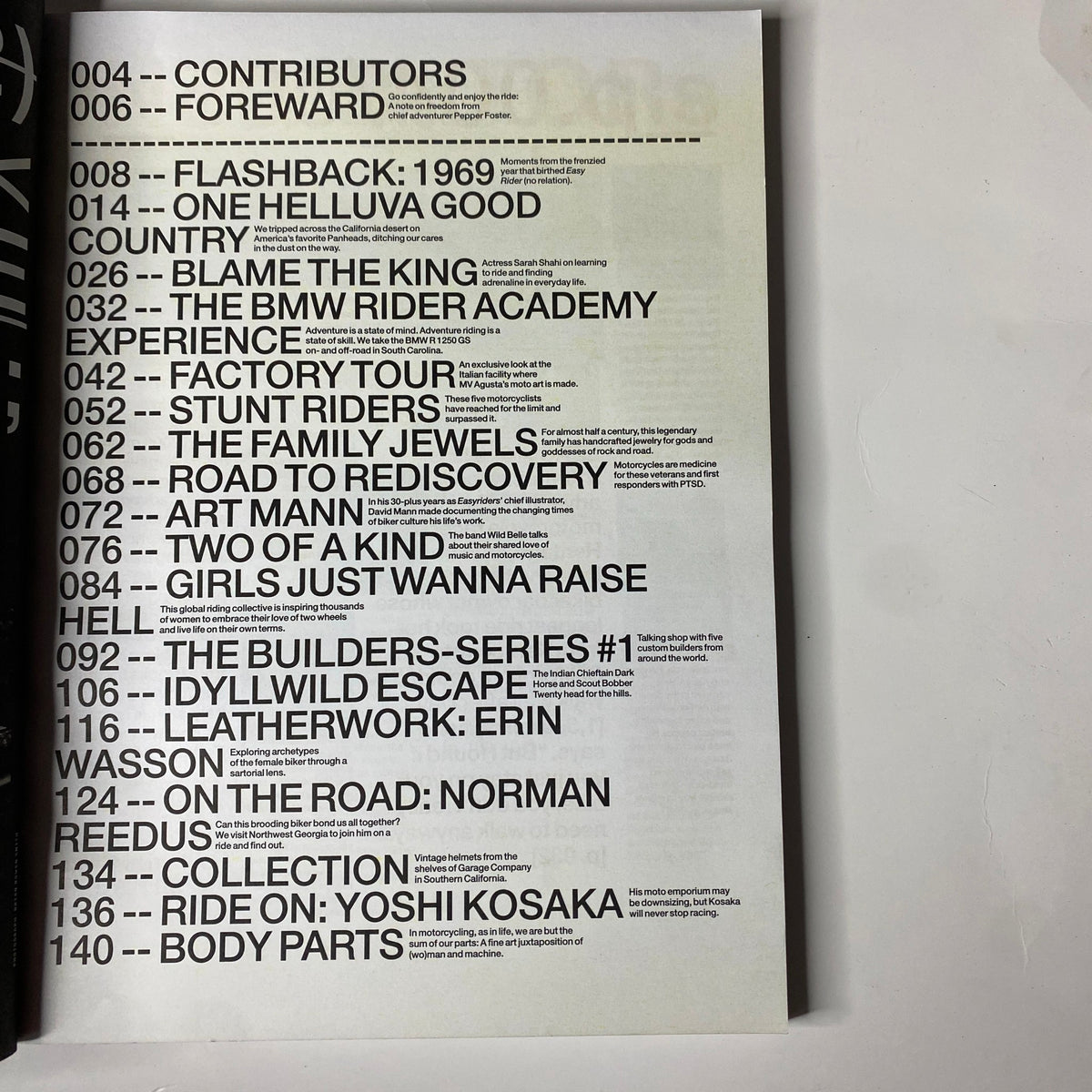 Contents page of the Easyriders Magazine 2020 No. 1, listing featured articles including 'Flashback: 1969' and 'On the Road: Norman Reedus' for motorcycle enthusiasts.