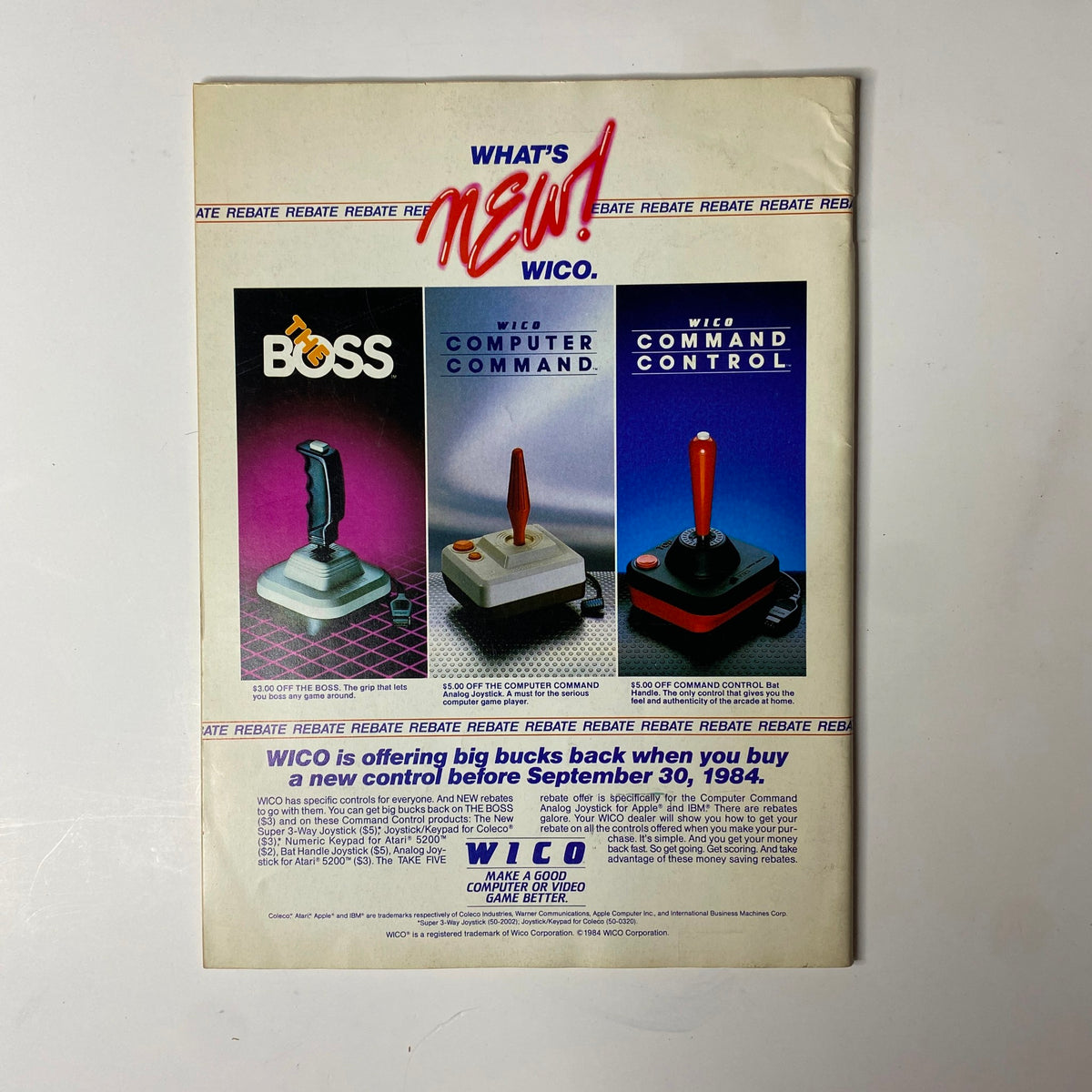 Advertisement in Electronic Games Magazine October 1984 for WICO gaming controllers, featuring models like BOSS and COMMAND CONTROL.