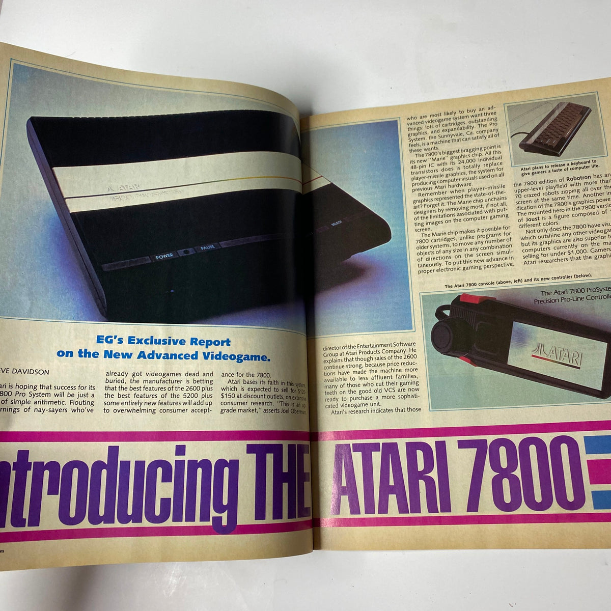 Introduction page for the Atari 7800 in Electronic Games Magazine September 1984, highlighting the features of the new advanced videogame console by Atari.