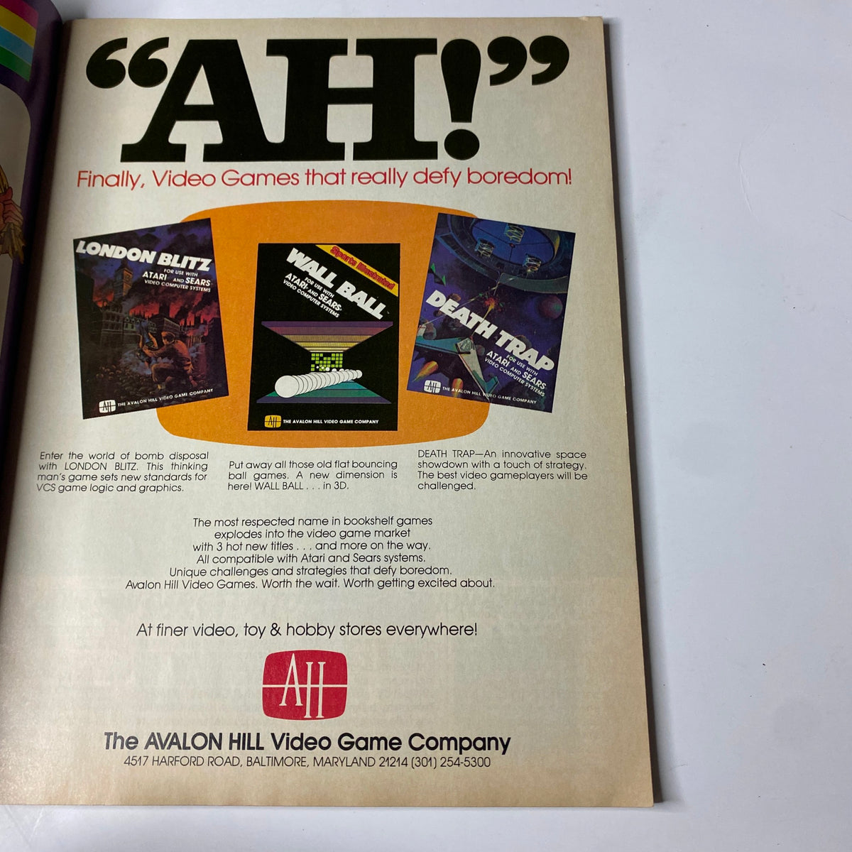 Advertisement from Electronic Games Magazine December 1983 featuring the Avalon Hill Video Game Company titles including 'London Blitz', 'Wall Ball', and 'Death Trap'.