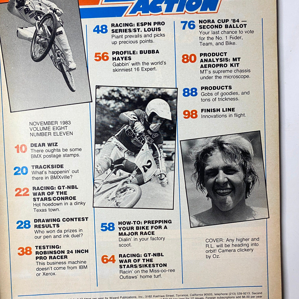 BMX Action Magazine November 1983 interior page listing featured articles like the ESPN Pro Series, NORA Cup ’84, and rider profiles including Bubba Hayes.