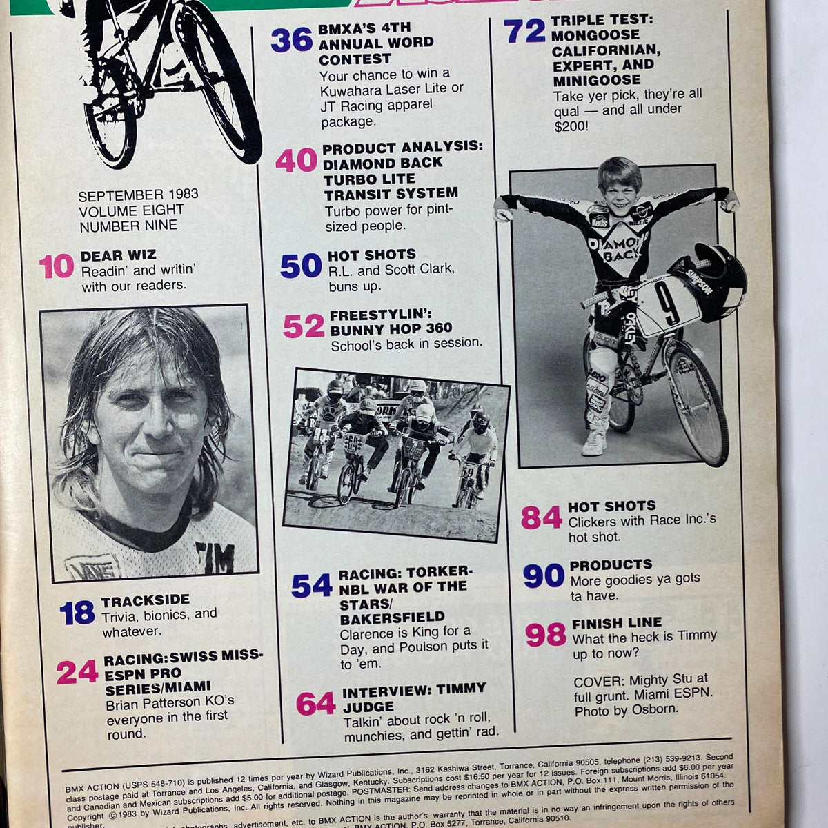 BMX Action Magazine September 1983 concluding article list including content like interviews and product analysis, reflecting the magazine's dynamic mix of BMX culture.