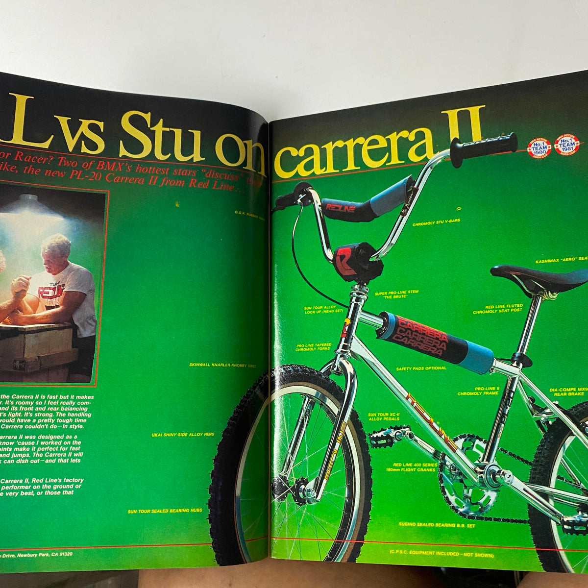 Two-page spread from BMX Action Magazine August 1983 highlighting BMX bike setups and a comparison between popular racers, featuring the tagline 'L vs Stu on carrera II'.