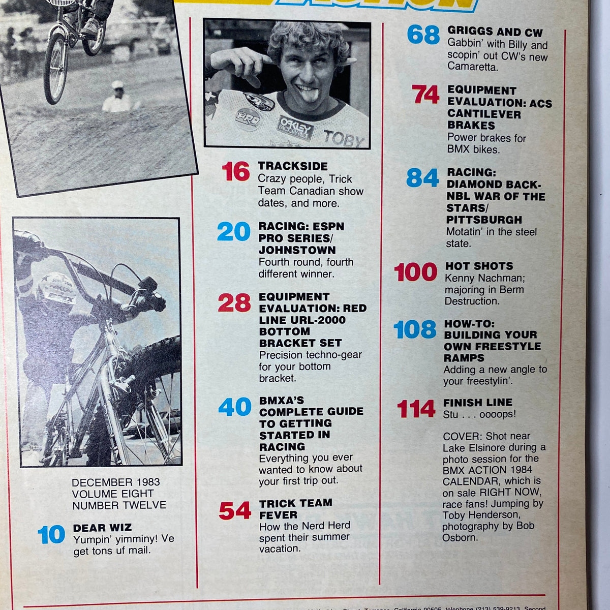 Interior page from BMX Action Magazine December 1983 showing highlights including tracks and the racing feature on Toby Henderson, structured as Volume Eight Number Twelve.
