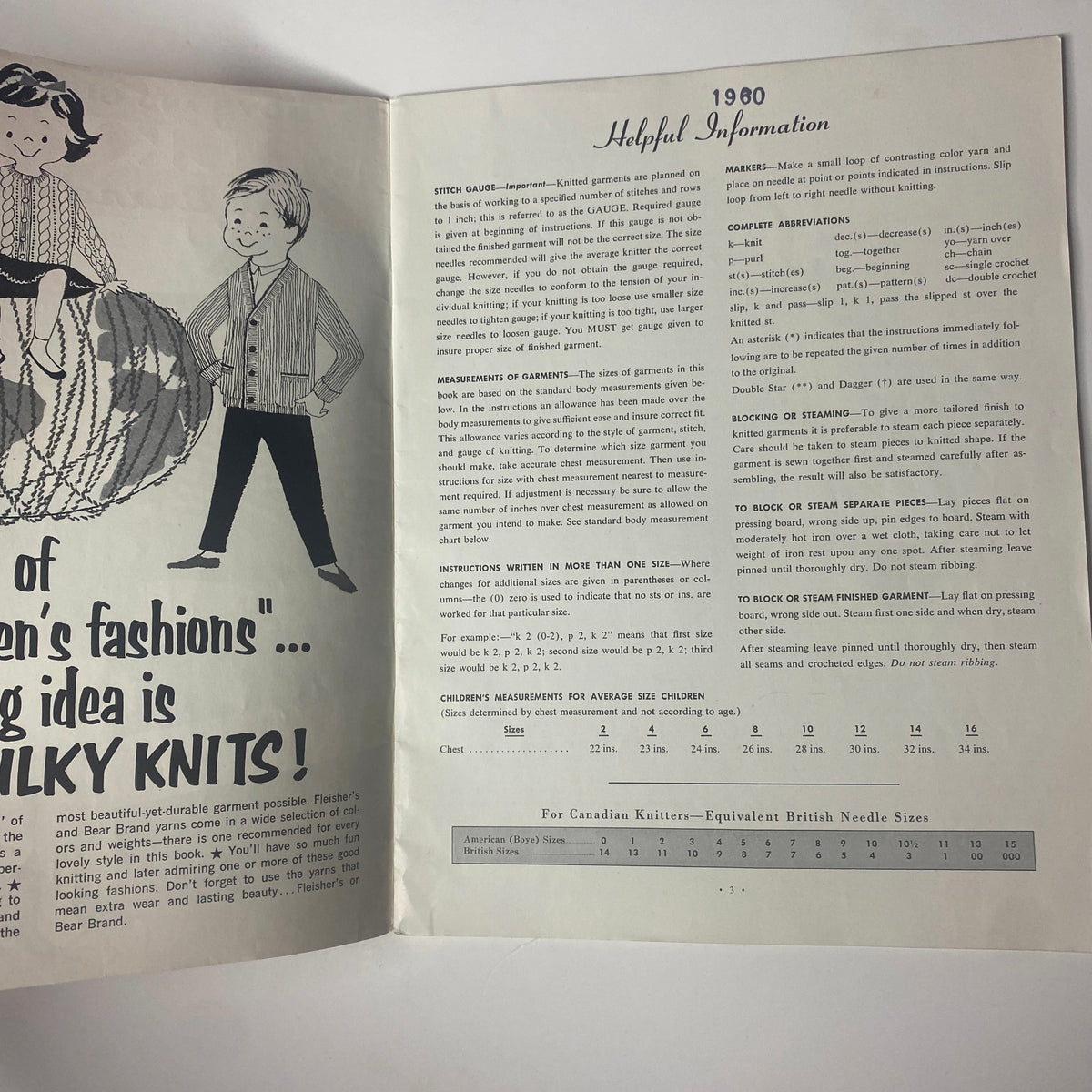 Inside page of the 1960 Vol 52 Bulky Knits Boys and Girls Catalog featuring helpful information for knitters, detailed size measurements, and knitting instructions.