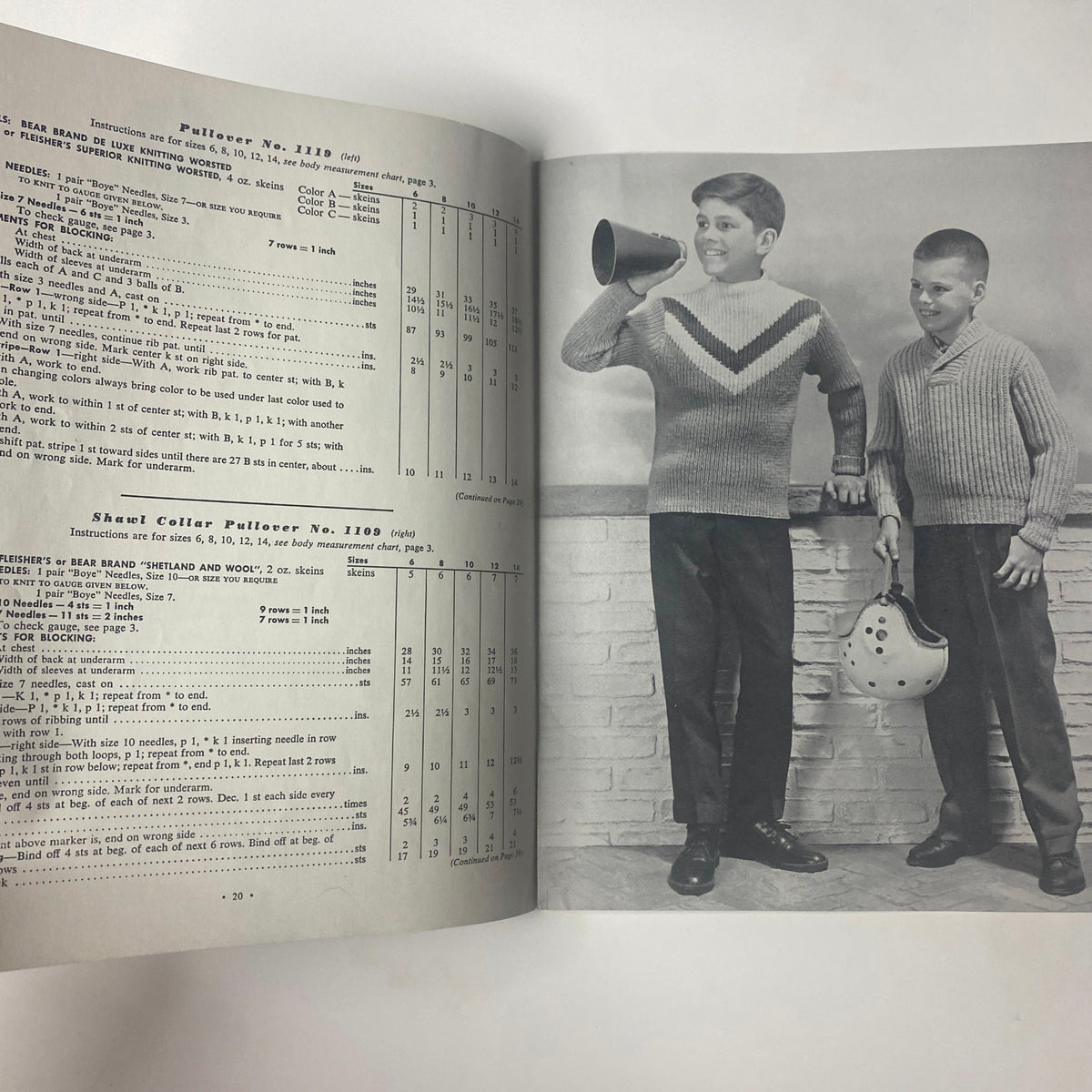 1960 Vol 52 Bulky Knits Boys and Girls Catalog showing two boys in knitted pullovers, one holding a megaphone, illustrating classic mid-century children's styles.
