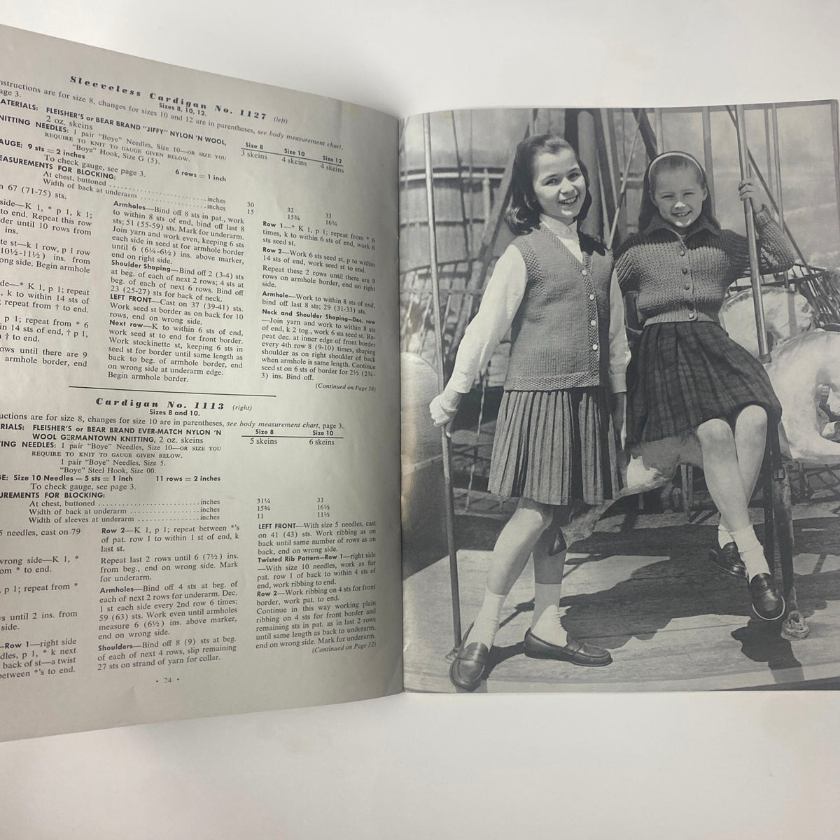 1960 Vol 52 Bulky Knits Boys and Girls Catalog displaying two girls on swings, dressed in knitted vests and skirts, exemplifying retro children's knitwear.