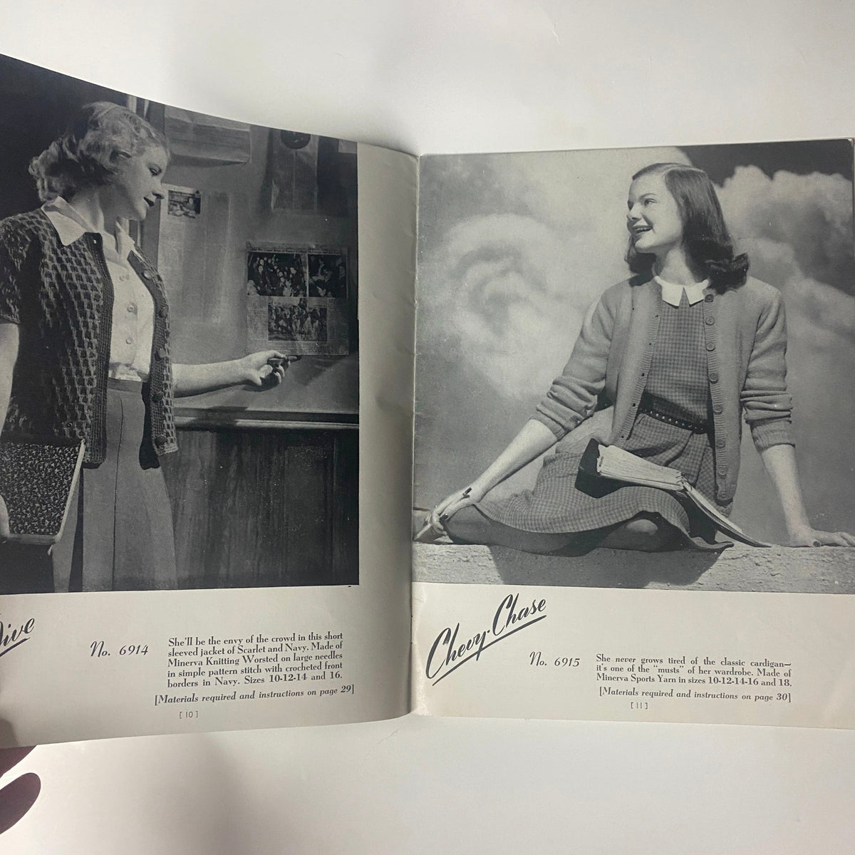 Interior page of the 1940s Short-n-Sweet Catalog featuring the 'Cheery Chase' outfit, with a woman in a stylish vintage dress and accessories, exemplifying 1940s knitting designs.