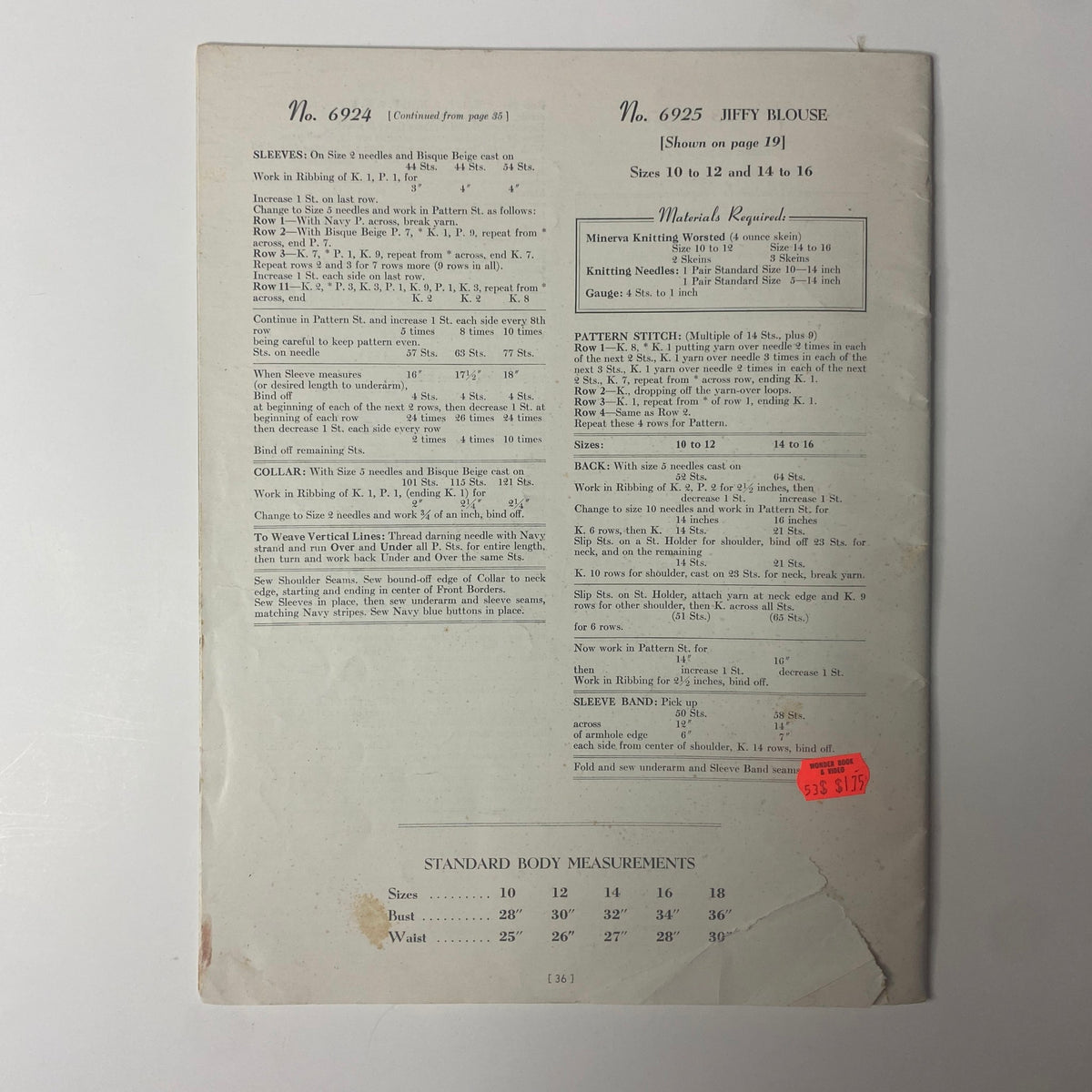 Back cover of the 1940s Short-n-Sweet Catalog displaying the 'Jiffy Blouse' knitting pattern with detailed sizing and instructions, highlighting vintage knitwear aesthetics.