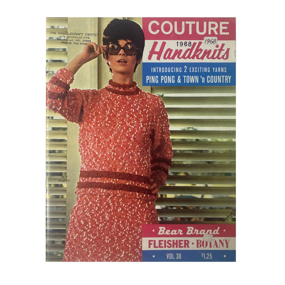 1968 Vol 38 Couture Handknits Bear Brand Fleisher Botany Catalog cover showcasing a woman in a trendy pink knit ensemble with a matching top and glasses, emphasizing mid-century fashion.