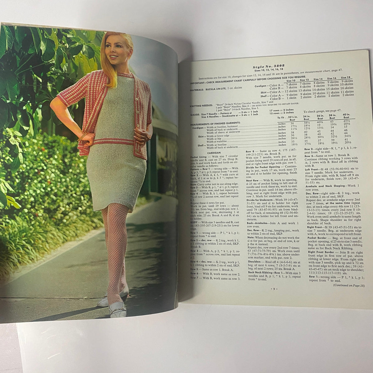 Page from 1968 Vol 38 Couture Handknits Bear Brand Fleisher Botany Catalog showcasing a woman in a chic short-sleeve knit dress with a cardigan, surrounded by greenery.