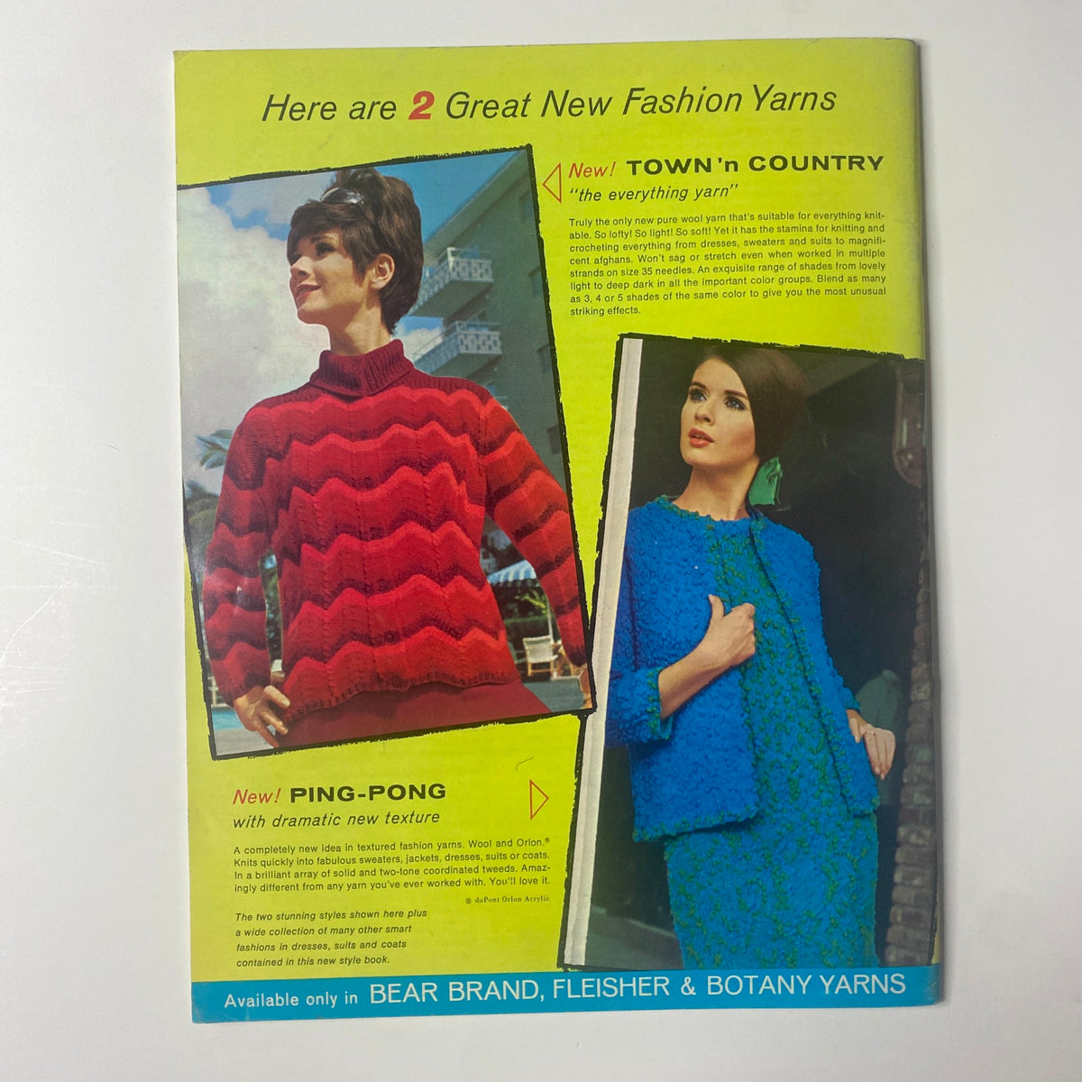1968 Vol 38 Couture Handknits Catalog cover displaying two colorful knit designs; a red and orange sweater and a blue textured jacket, promoting new yarns from Bear Brand, Fleisher, and Botany.