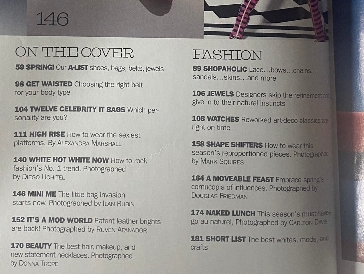 2006 Elle Accessories Spring Catalog featuring a fashion layout on the cover with the headline 'ON THE COVER' showcasing spring trends including A-list shoes, bags, and belts.