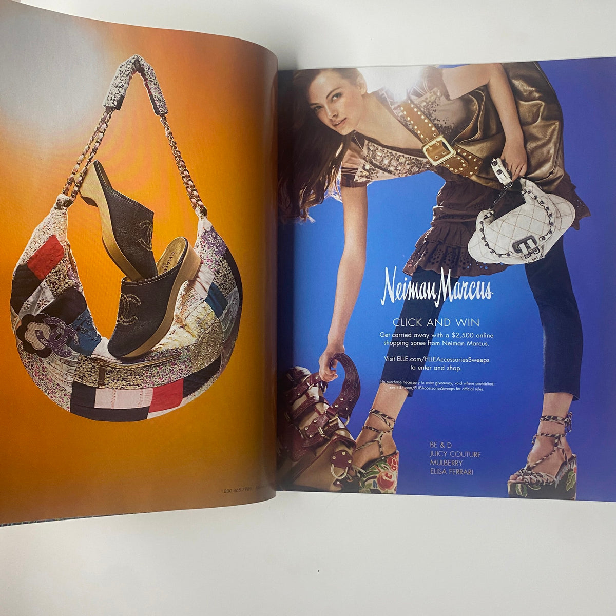 2006 Elle Accessories Spring Catalog featuring an advertisement for Neiman Marcus with luxurious shoes and handbags, highlighting the theme of high-end accessories for the spring collection.
