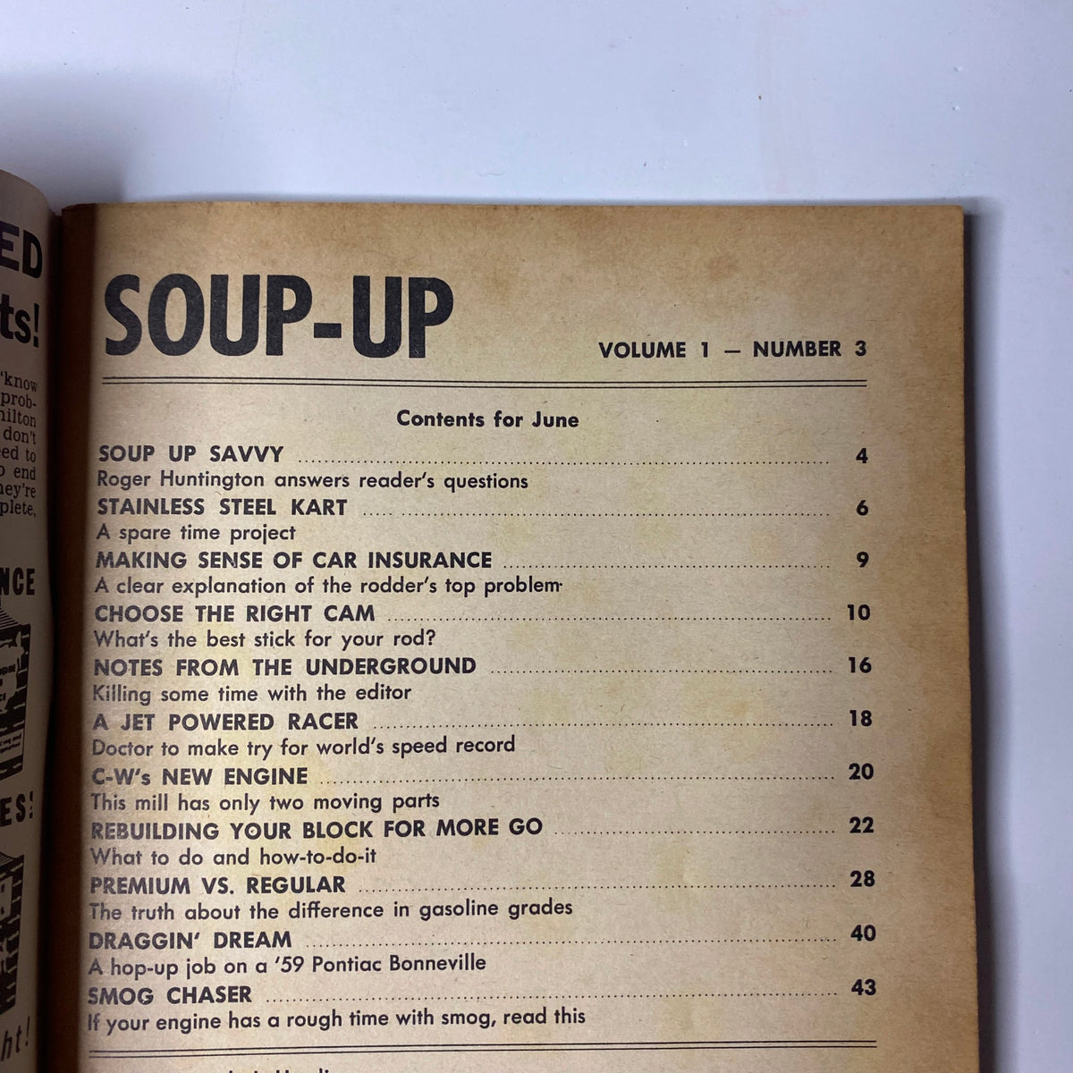 Contents page of Soup-Up Magazine June 1960, listing articles such as 'Soup Up Savvy' and 'Rebuilding Your Block for More Go', aimed at vintage automotive enthusiasts.