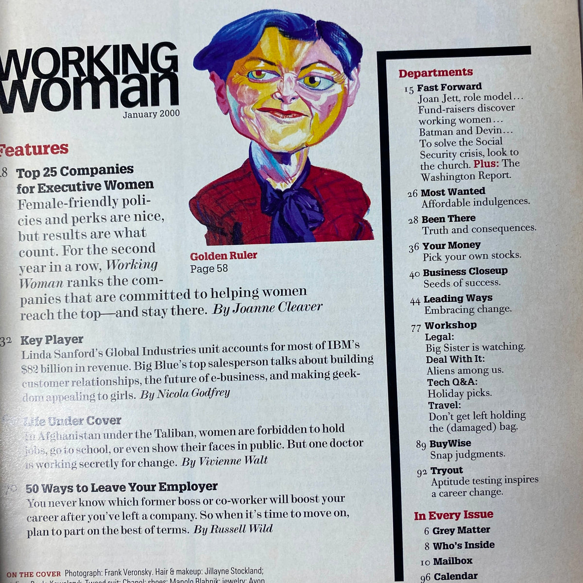 Interior page of Working Woman Magazine January 2000, featuring articles such as Top 25 Companies for Executive Women and Key Player: Linda Sanford of IBM. The page includes colorful illustrations and highlights women's empowerment.